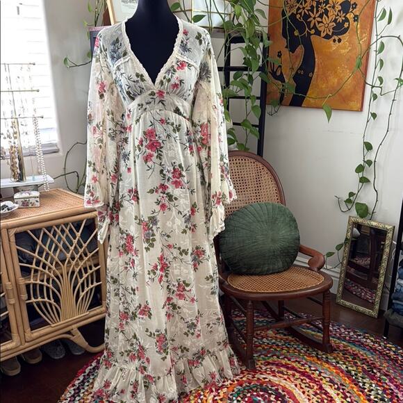 Vintage 70s 579 Ivory Floral Lace Empire Waist Bell Sleeve Prairie Maxi Dress - Picture 1 of 5